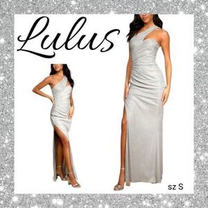 Sparkle Silver Glitter One-Shoulder Shiny Lurex High Slit Gown Long Maxi Dress